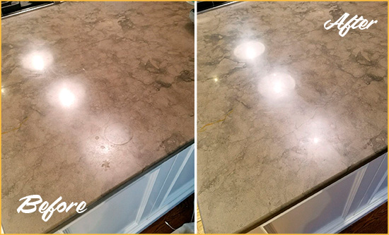 Before and After Picture of a Dull Marble Vanity Top Cleaned and Sealed to Remove Etch Marks