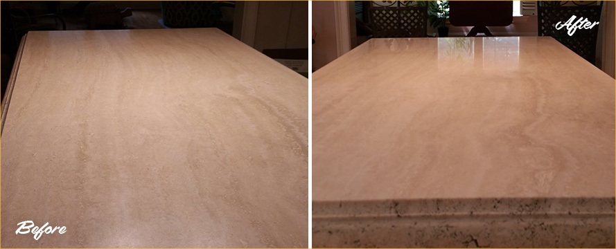 Before and After Picture of a Travertine Stone Countertop Sealing