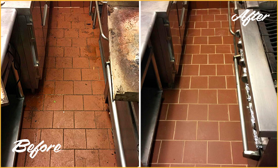 Before and After Picture of a Brandywine Restaurant Kitchen Tile and Grout Cleaned to Eliminate Dirt and Grease Build-Up