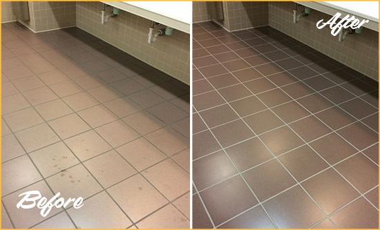 Before and After Picture of a District Heights Restrooms Tile and Grout Cleaned to Remove Embedded Dirt