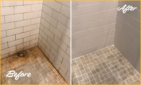 Before and After Picture of a Fairfax Shower Tile and Grout Cleaned to Eliminate Mold and Stains