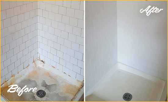 Before and After Picture of a Vienna Shower Tile and Grout Cleaned to Remove Soap Scum