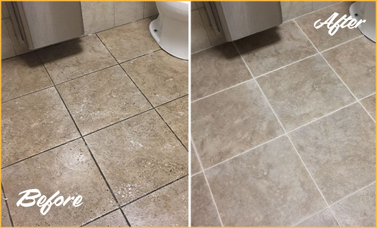 Before and After Picture of a Beltsville Restroom Tile and Grout Cleaned to Remove Soil