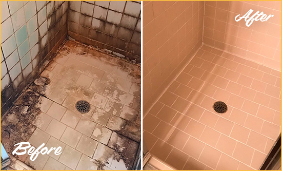 Before and After Picture of a Clarksburg Shower Tile and Grout Cleaned to Repair Water Damage