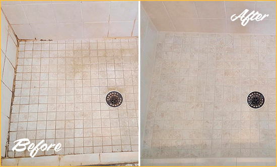 Before and After Picture of a Clifton Shower Caulked to Fix Cracks