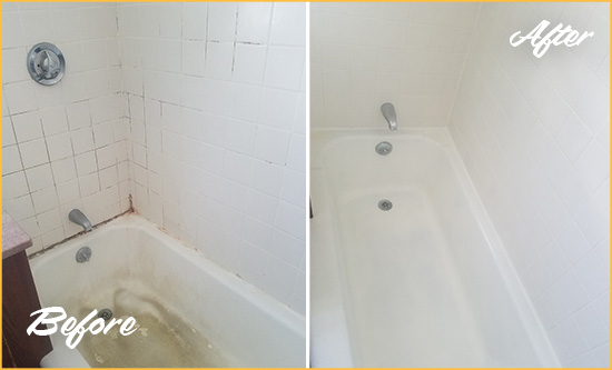 Before and After Picture of a Haymarket Bathtub Caulked to Repair Cracks