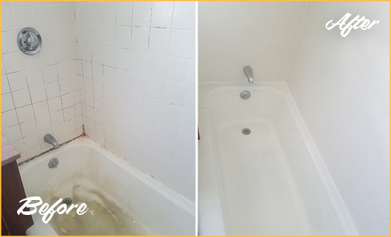 Before and After Picture of a Sterling Bathtub Caulked to Repair Cracks