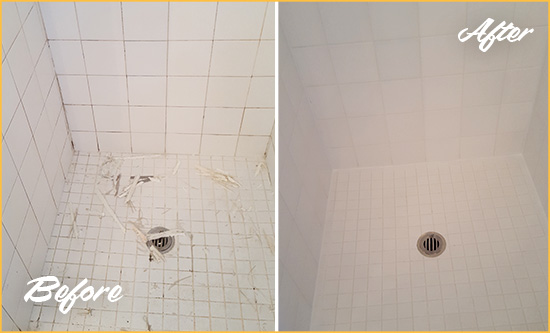 Before and After Picture of a Cabin John Bathroom Re-Caulked To Repair Damaged Caulking