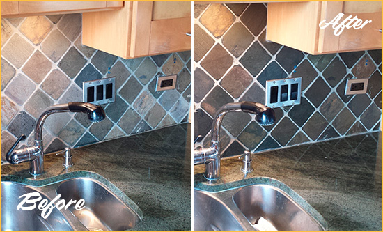 Before and After Picture of a Greenbelt Backsplash Caulked to Fix and Prevent Water Leaks