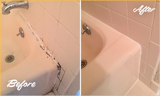 Before and After Picture of a Ashton Bathroom Sink Caulked to Fix a DIY Proyect Gone Wrong