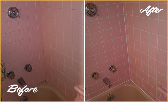 Before and After Picture of a Purcellville Bathtub Caulked to Eliminate Mold