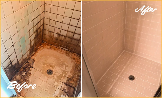 Before and After Picture of a Quantico Shower Caulked to Fix and Prevent Water Damage