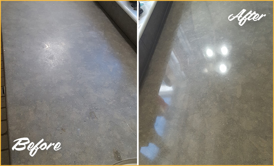Before and After Picture of a Dull Stanton Park Limestone Countertop Polished to Recover Its Color