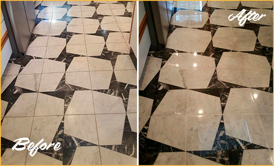 Before and After Picture of a Dull Stanton Park Marble Stone Floor Polished To Recover Its Luster