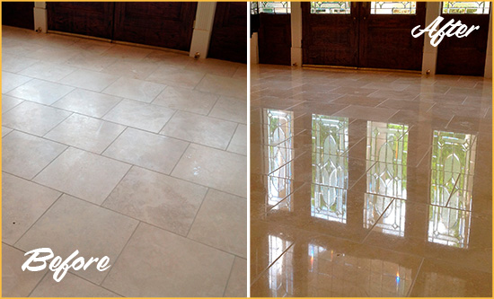 Before and After Picture of a Dull Chantilly Travertine Stone Floor Polished to Recover Its Gloss