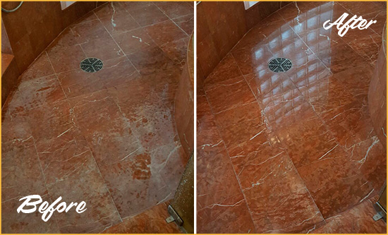 Before and After Picture of a Riverdale Marble Stone Shower Polished to Eliminate Mineral Deposits