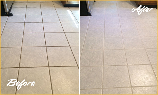 Before and After Picture of a Sully Station Kitchen Ceramic Floor Sealed to Protect From Dirt and Spills