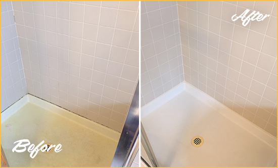 Before and After Picture of a Beltsville Shower Sealed to Remove and Protect Against Mold