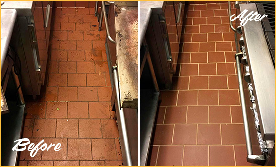 Before and After Picture of a West End Restaurant Kitchen Floor Sealed to Remove Soil
