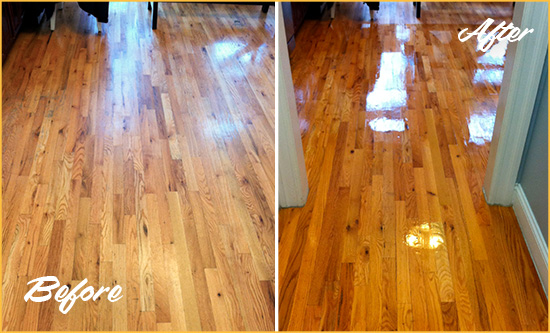 Before and After Picture of a Dept. of Energy Wood Deep Cleaning Service on a Worn Out Hallway