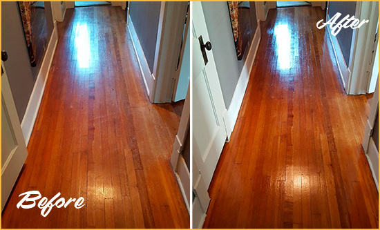 Before and After Picture of a Shepherd Park Wood Sand Free Refinishing Service on a Floor to Eliminate Scratches