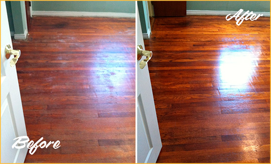Before and After Picture of a Shepherd Park Wood Sand Free Refinishing Service on a Dull Floor to Remove Stains