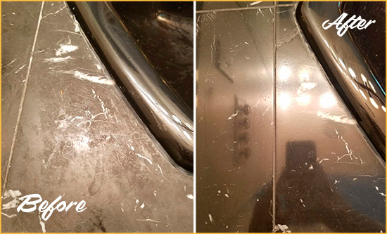 Before and After Picture of a McLean Marble Countertop Cleaned to Remove Deep Dirt