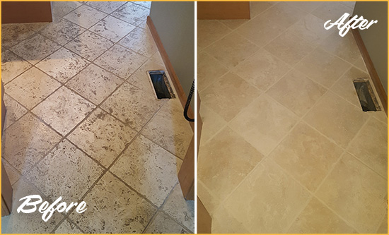 Before and After Picture of a Fort Totten Kitchen Marble Floor Cleaned to Remove Embedded Dirt