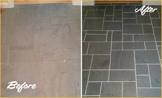Before and After Picture of a Temple Hills Slate Floor Cleaned to Remove Deep-Seated Dirt