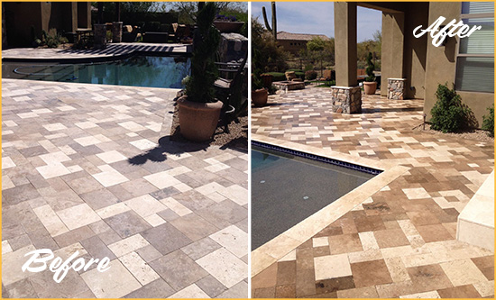 Before and After Picture of a Dull Boyds Travertine Pool Deck Cleaned to Recover Its Original Colors