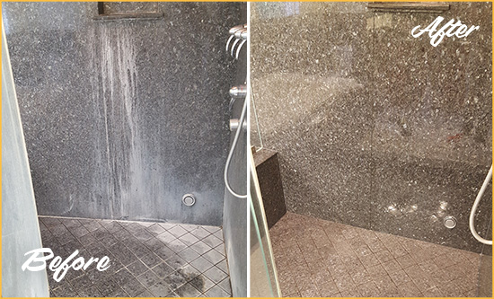 Before and After Picture of a McLean Granite Shower Cleaned to Remove Mineral Deposits