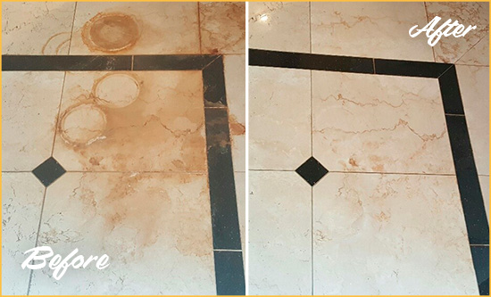 Before and After Picture of a Haymarket Marble Floor Cleaned to Eliminate Rust Stains