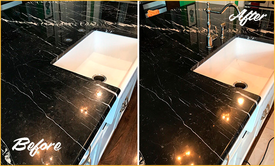 Before and After Picture of a Brandywine Marble Kitchen Countertop Stone Sealed to Avoid Water Damage