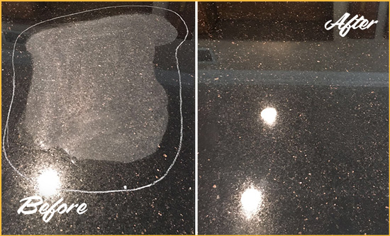 Before and After Picture of a Sudley Springs Granite Kitchen Countertop Honed to Eliminate Scratch