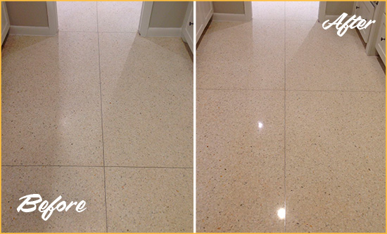 Before and After Picture of a Dull Sudley Springs Granite Floor Honed to Recover Its Sheen