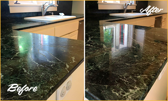 Before and After Picture of a Sudley Springs Marble Kitchen Countertop Honed to Remove Water Marks