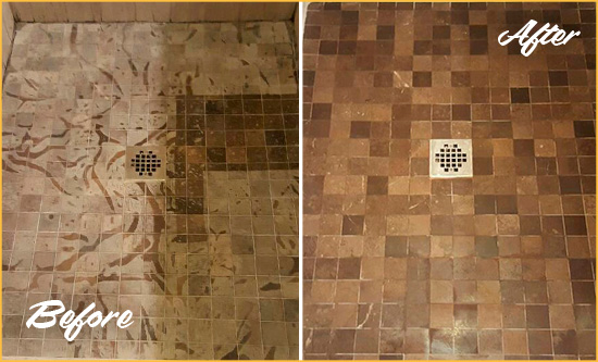 Before and After Picture of a Sudley Springs Marble Shower Honed to Remove Etching