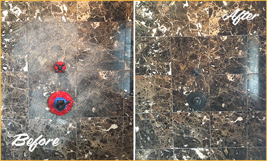 Before and After Picture of a Aquasco Marble Shower Honed to Remove Scratches