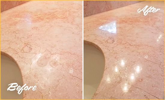 Before and After Picture of a Sudley Springs Marble Vanity Top Honed to Eliminate Water Spots
