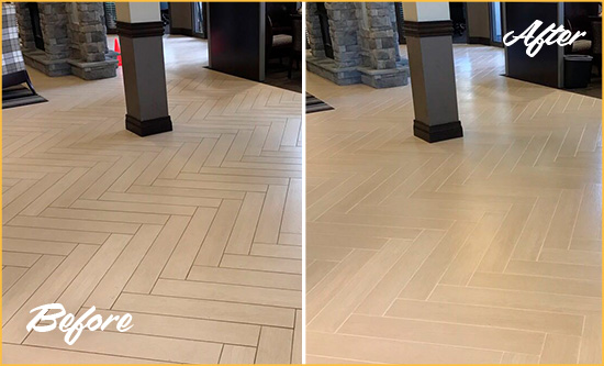 Before and After Picture of a Catharpin Hard Surface Restoration Service on an Office Lobby Tile Floor to Remove Embedded Dirt