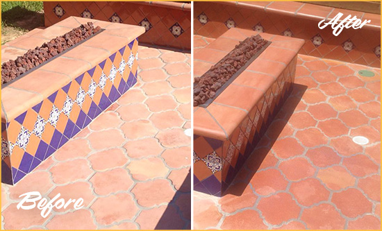 Before and After Picture of a Triangle Hard Surface Restoration Service on a Dull Terracotta Patio Floor to Recover Its Color