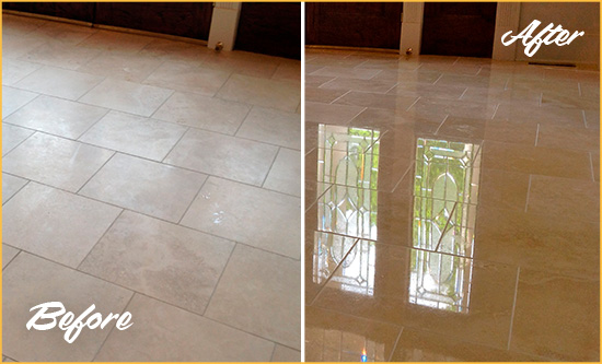 Before and After Picture of a Fort Myer Hard Surface Restoration Service on a Dull Travertine Floor Polished to Recover Its Splendor