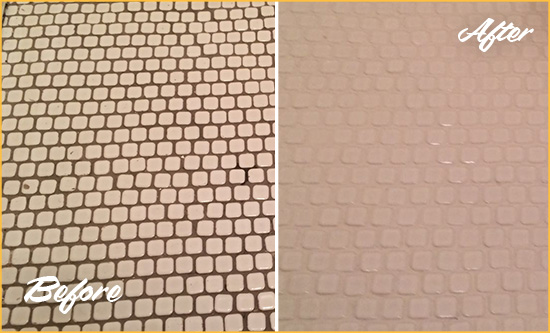 Before and After Picture of a Greenbelt Hard Surface Restoration Service on a Bathroom Tile Floor Recolored to Fix Grout Color