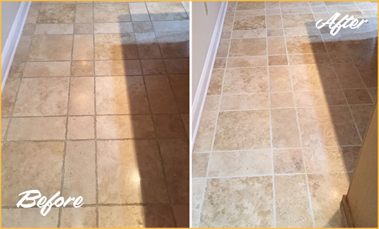 Before and After Picture of Emergy Kitchen Floor Grout Cleaned to Recover Its Color