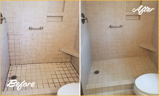 Before and After Picture of a Lovettsville Shower Grout Cleaned to Remove Mold