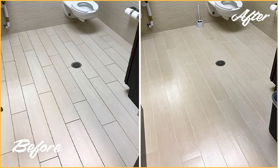 Before and After Picture of a Emergy Office Restroom's Grout Cleaned to Remove Dirt