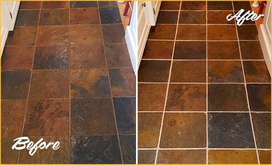 Before and After Picture of Spencerville Slate Floor Grout Cleaned to Remove Dirt