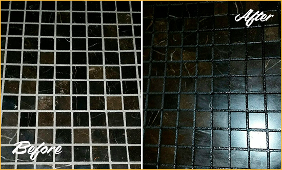 Before and After Picture of a Manassas Black Floor with Recolored Grout