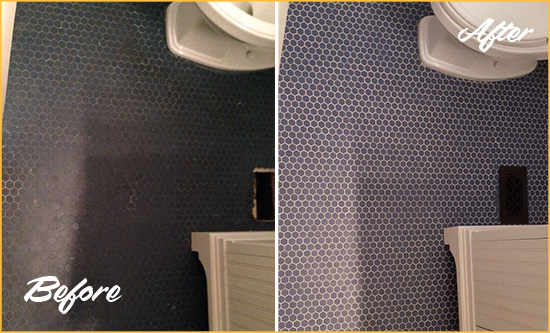 Before and After Picture of a Mosby Blue Tile Floor Recolored Grout
