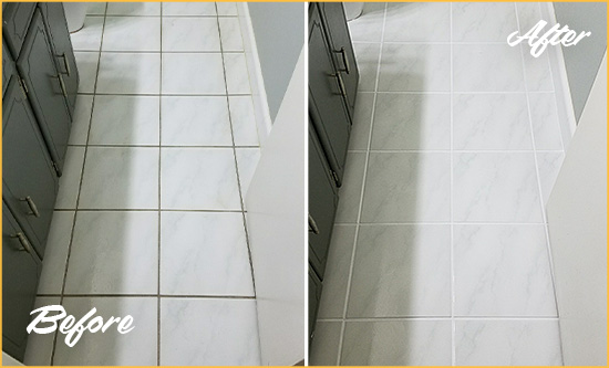 Before and After Picture of a Dunn Loring White Ceramic Tile with Recolored Grout